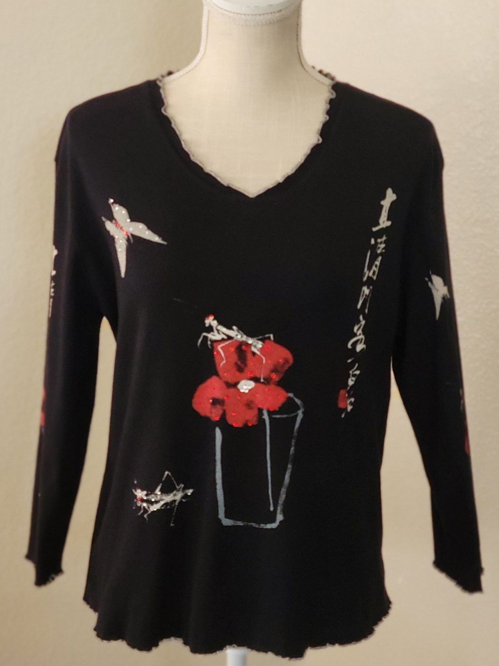Jess & Jane Grasshopper Top L Black 3/4 Sleeve Cotton Rhinestone Poppy V-Neck